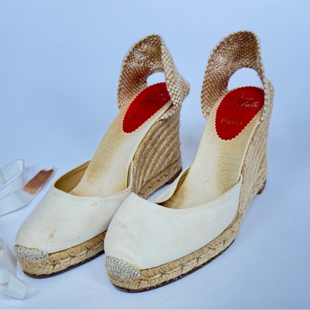 Christian Louboutin Brigitte Cream Espadrille Wedges, size 39